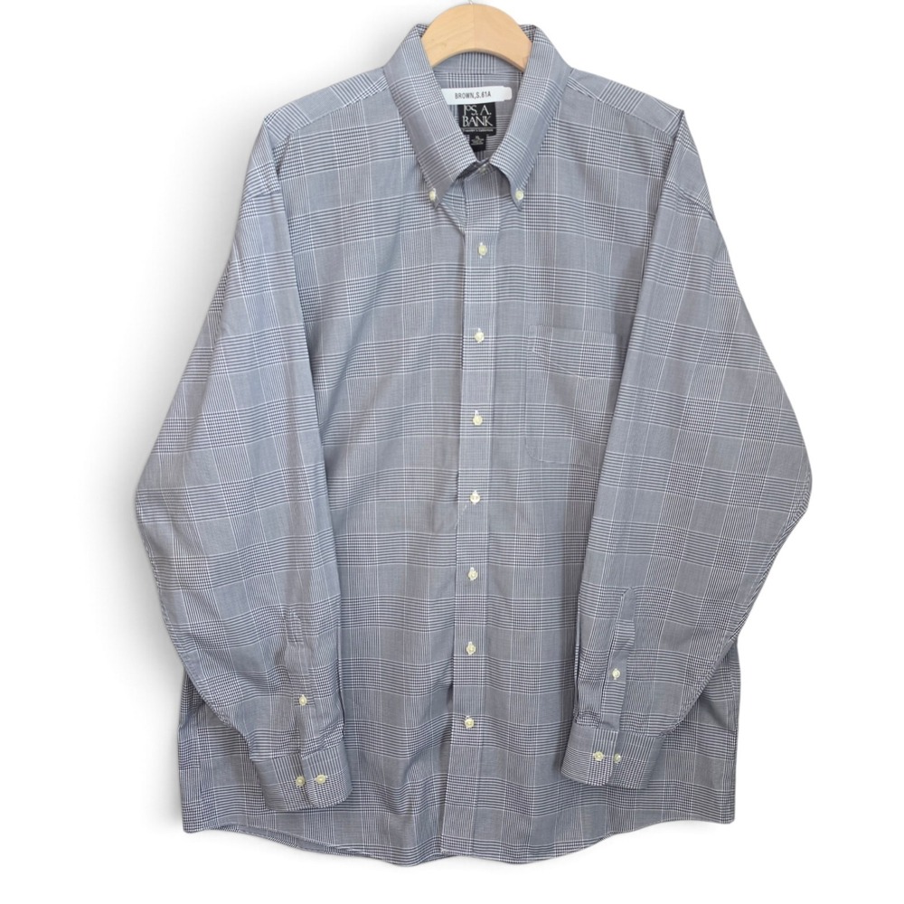 Jos A Bank Traveler Dress Shirt Mens XL Button Down Long Sleeve Glen Plaid Blue
